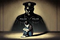 Foto ilustrasi : Seorang gadis kecil duduk dengan sedih, dibayangi oleh sosok oknum polisi.