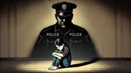 Foto ilustrasi : Seorang gadis kecil duduk dengan sedih, dibayangi oleh sosok oknum polisi.