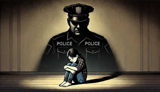 Foto ilustrasi : Seorang gadis kecil duduk dengan sedih, dibayangi oleh sosok oknum polisi.