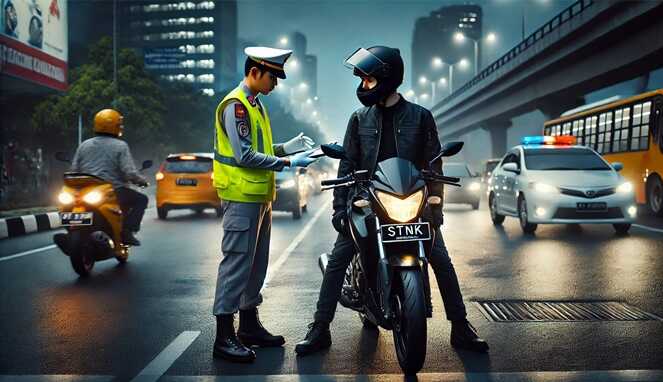 Foto Ilustrasi : polisi lalu menghentikan sepeda motor untuk pemeriksaan STNK.