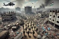 Foto Ilustrasi : Pasukan militer Israel bergerak di tengah puing-puing Gaza setelah runtuhnya gencatan senjata, dengan kendaraan lapis baja dan helikopter tempur bersiaga.