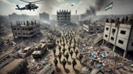 Foto Ilustrasi : Pasukan militer Israel bergerak di tengah puing-puing Gaza setelah runtuhnya gencatan senjata, dengan kendaraan lapis baja dan helikopter tempur bersiaga.