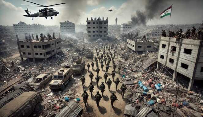 Foto Ilustrasi : Pasukan militer Israel bergerak di tengah puing-puing Gaza setelah runtuhnya gencatan senjata, dengan kendaraan lapis baja dan helikopter tempur bersiaga.