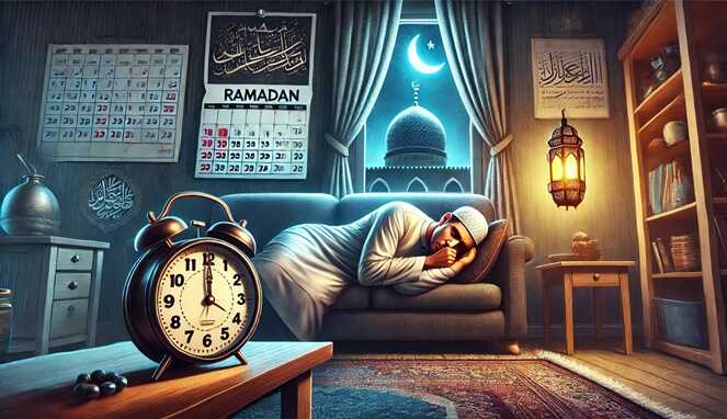 Foto Ilustrasi : Seorang pria tertidur di sofa dengan ekspresi lelah saat puasa ramadan