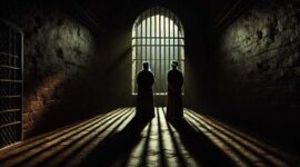 Foto Ilustrasi dua ustaz berdiri dalam sel penjara