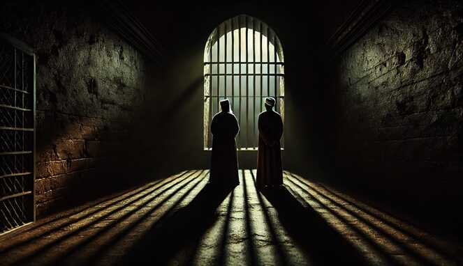 Foto Ilustrasi dua ustaz berdiri dalam sel penjara