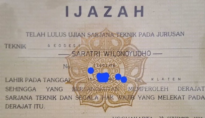 Ijazah Prof Saratri Wilonoyudho (Instagram/saratri_wilonoyudho)