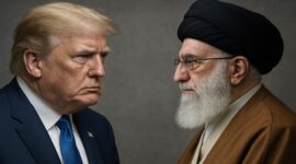 Foto ilustrasi - Presiden Amerika Serikat dan Pemimpin Tertinggi Iran saling berhadapan dalam potret simbolik yang menggambarkan ketegangan diplomatik kedua negara.