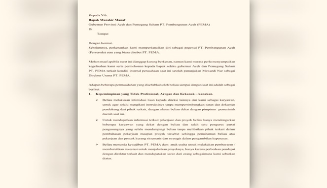 Surat Terbuka Pegawai PT. PEMA yang bocor