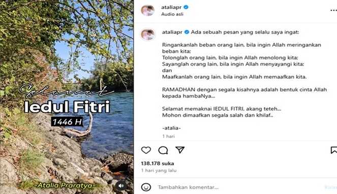 Foto unggahan Atalia Praratya di momen Hari Raya Idul Fitri 1446 H