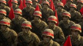 Pasukan militer Iran berbaris dengan membawa bendera merah dalam formasi siaga tempur.