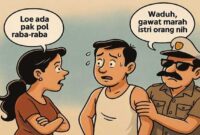 Ilustrasi kartun satir oknum polisi yang dipatsus usai diduga meraba istri orang yang juga penjaga warung kopi.