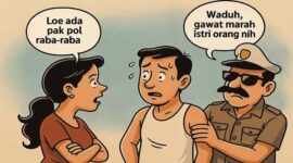 Ilustrasi kartun satir oknum polisi yang dipatsus usai diduga meraba istri orang yang juga penjaga warung kopi.