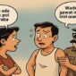 Ilustrasi kartun satir oknum polisi yang dipatsus usai diduga meraba istri orang yang juga penjaga warung kopi.