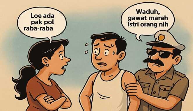 Ilustrasi kartun satir oknum polisi yang dipatsus usai diduga meraba istri orang yang juga penjaga warung kopi.