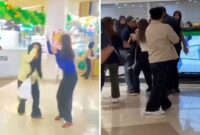 Foto Kolase : Seorang istri sah (baju biru) melabrak wanita yang diduga sebagai pelakor (baju kuning) di TSM Makassar. Sementara gambar kanan, istri sah mencoba merebut anaknya dari tangan sang suami yang diduga sebagai oknum polisi dari Polda Sulsel.