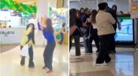 Foto Kolase : Seorang istri sah (baju biru) melabrak wanita yang diduga sebagai pelakor (baju kuning) di TSM Makassar. Sementara gambar kanan, istri sah mencoba merebut anaknya dari tangan sang suami yang diduga sebagai oknum polisi dari Polda Sulsel.