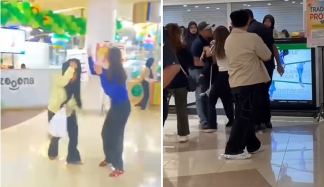 Foto Kolase : Seorang istri sah (baju biru) melabrak wanita yang diduga sebagai pelakor (baju kuning) di TSM Makassar. Sementara gambar kanan, istri sah mencoba merebut anaknya dari tangan sang suami yang diduga sebagai oknum polisi dari Polda Sulsel.