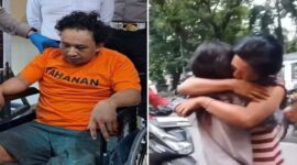 Foto kolase – Pelaku ditangkap dan gadis penjual kerupuk berpelukan dengan orang tuanya usai berhasil melarikan diri 