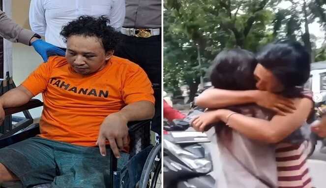 Foto kolase – Pelaku ditangkap dan gadis penjual kerupuk berpelukan dengan orang tuanya usai berhasil melarikan diri