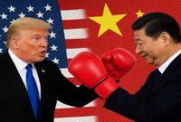 Ilustrasi konfrontasi dagang antara Presiden Amerika Serikat, Donald Trump, dan Presiden Tiongkok, Xi Jinping.