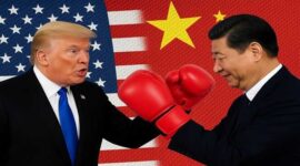 Ilustrasi konfrontasi dagang antara Presiden Amerika Serikat, Donald Trump, dan Presiden Tiongkok, Xi Jinping.
