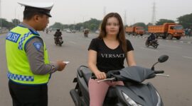 Foto ilustrasi – Oknum Polantas tilang seorang pengendara motor wanita di tengah jalan raya.
