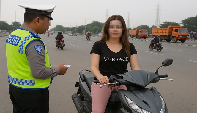 Foto ilustrasi – Oknum Polantas tilang seorang pengendara motor wanita di tengah jalan raya.