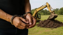 Foto Ilustrasi – Pelaku tambang ilegal diborgol, ekskavator diamankan di lokasi.
