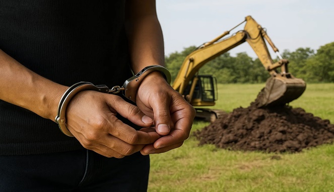 Foto Ilustrasi – Pelaku tambang ilegal diborgol, ekskavator diamankan di lokasi.