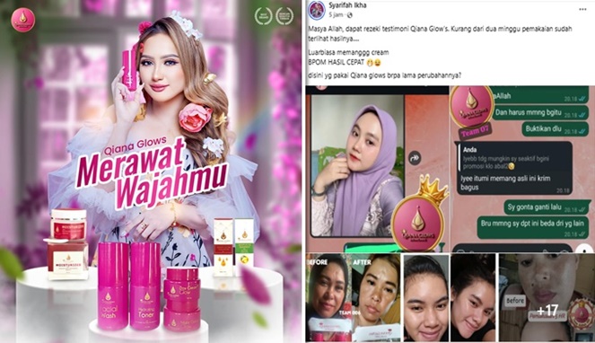 Foto kolase : Owner Qiana Glow’s, Syarifah Ikha dan Testimoni Produk Qiana Glow’s
