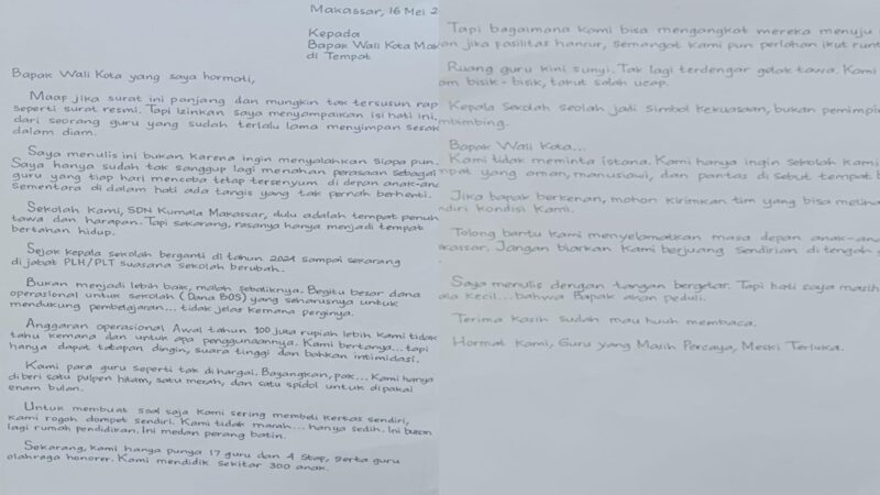 Surat terbuka dari seorang guru SDN di Makassar yang viral 