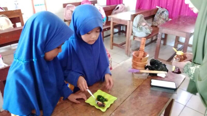 Dua siswi SD Negeri Parinring Makassar sedang mempraktikkan pembuatan masker herbal dari daun katuk di dalam kelas.