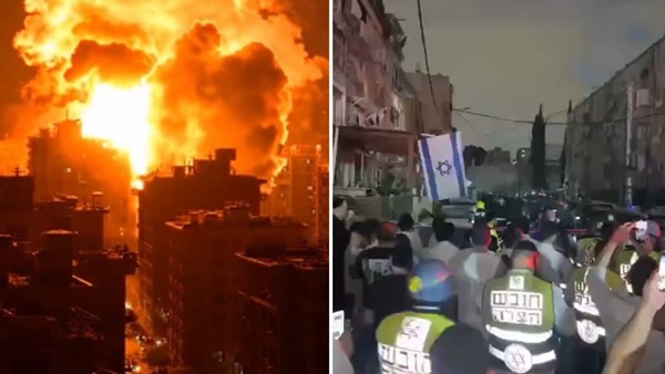 Foto kolase : Rudal Iran menghantam Tel Aviv dan Haifa warga panik berhamburan 