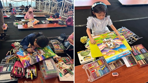 Suasana lomba mewarnai dalam acara “Back to School with Bernie” di Swiss-Belinn Panakkukang Makassar, Minggu (13/7/2025). 