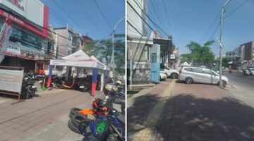 Trotoar di Jalan Poros Sultan Hasanuddin, Gowa, disalahgunakan untuk tenda usaha dan parkir kendaraan, mengganggu hak pejalan kaki.
