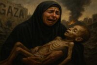 Foto ilustrasi – Seorang ibu di Gaza menangis pilu sambil memeluk jasad anaknya yang kurus kering akibat kelaparan.