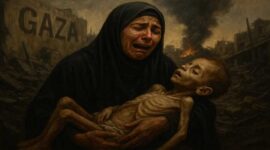 Foto ilustrasi – Seorang ibu di Gaza menangis pilu sambil memeluk jasad anaknya yang kurus kering akibat kelaparan.