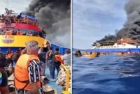 Foto kolase – Detik-detik penumpang KM Barcelona 5 lompat ke laut usai kapal terbakar
