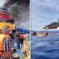 Foto kolase – Detik-detik penumpang KM Barcelona 5 lompat ke laut usai kapal terbakar