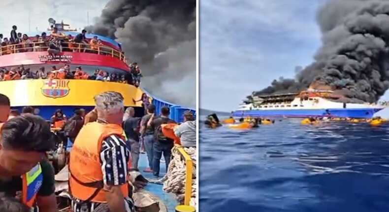 Foto kolase – Detik-detik penumpang KM Barcelona 5 lompat ke laut usai kapal terbakar