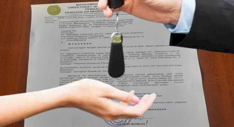 Pemberitahuan penyerahan unit mobil kendaraan roda empat berdasarkan penetapan ketua PN Makassar (Foto kolase/ilustrasi)