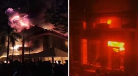 Foto Kolase – Kantor DPRD Sulsel (kiri) dan Kejati Sulsel (kanan) dibakar demonstran 