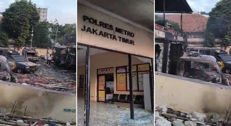 Foto kolase – Kondisi Polres Metro Jakarta Timur tampak hancur