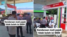 Tangkapan layar video viral memperlihatkan sejumlah aparat kepolisian melakukan sidak di SPBU dan meminta petugas agar tidak melayani pengendara yang menunggak pajak kendaraan.