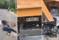 Foto kolase - Korban kecelakaan maut di Maros tergeletak di jalan, Rabu (3/9/2025), usai truk Mitsubishi Fuso oranye DD 8941 SG melindas Honda Beat hingga ringsek.