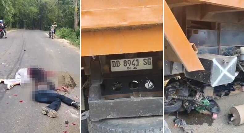 Foto kolase - Korban kecelakaan maut di Maros tergeletak di jalan, Rabu (3/9/2025), usai truk Mitsubishi Fuso oranye DD 8941 SG melindas Honda Beat hingga ringsek.