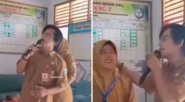 Tangkapan layar video – Dua Kepsek pasutri karaoke mesra saat jam sekolah (Foto kolase).