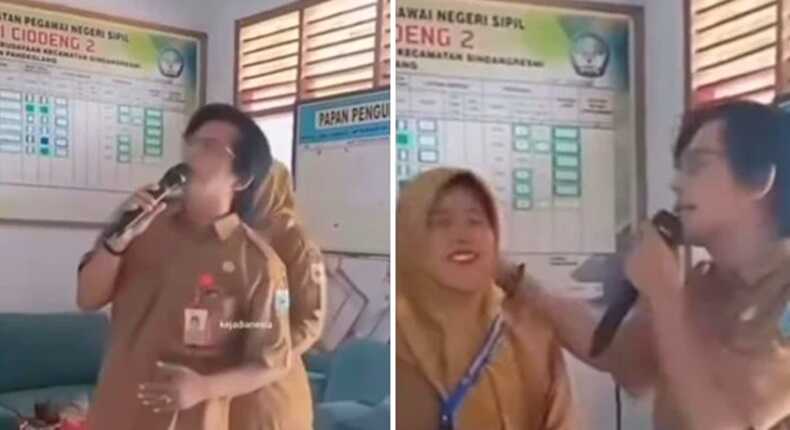 Tangkapan layar video – Dua Kepsek pasutri karaoke mesra saat jam sekolah (Foto kolase).