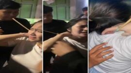 Tangkapan layar video – Seorang perempuan muda di Makassar teriak kesakitan usai lehernya tertancap busur nyasar.
